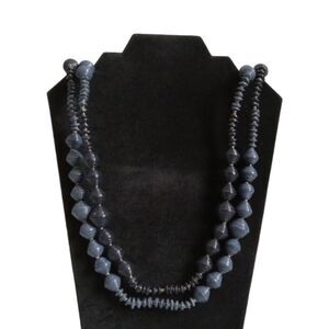 Shades of Blue Lightweight Ribbed Paper Beads Long Length Single Strand Necklace